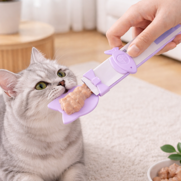 Katze wird mit einem Leck-Snack während einer einfachen Trainingseinheit zu Hause belohnt.